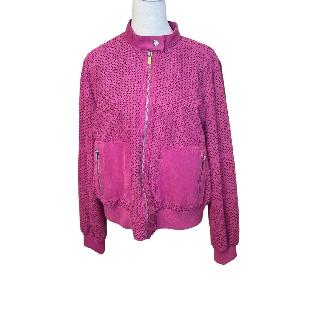 Kenneth Cole NY‎ Pink Perforated Faux Suede Perforated Bomber Jacket Size XL